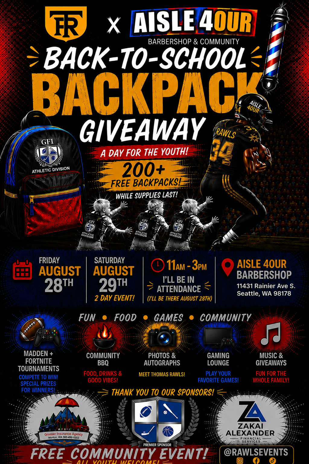 Back-to-School Backpack Giveaway community event flyer with Thomas Rawls and Aisle 40ur Barbershop, sponsored by Zakai Alexander Financial Services