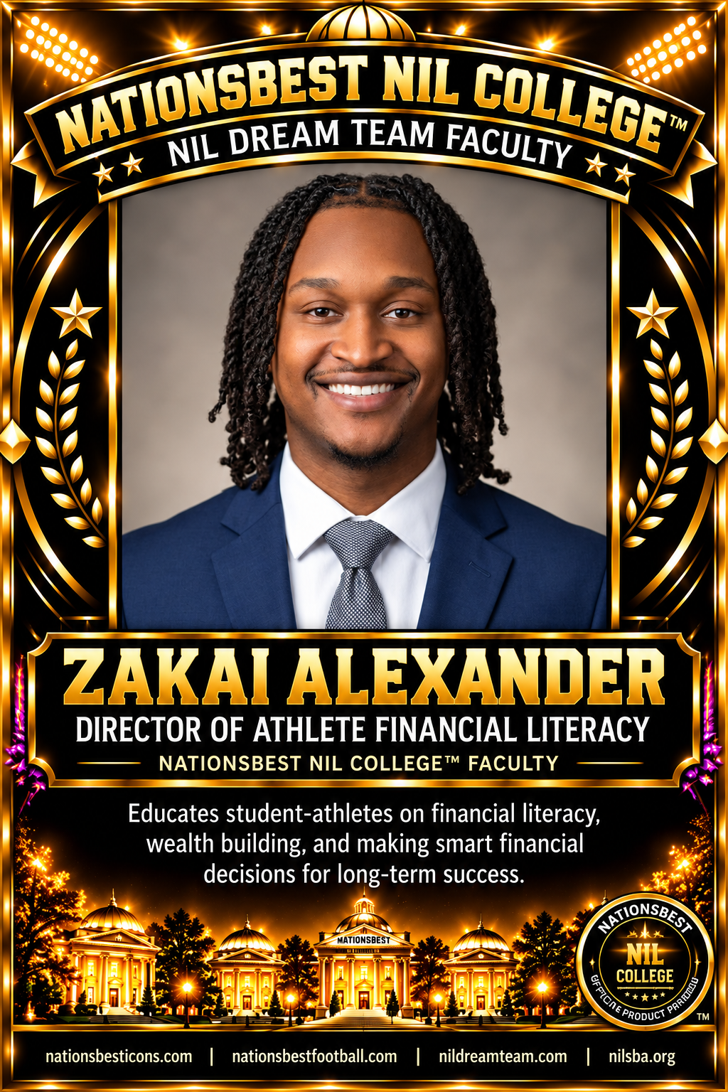NationsBest NIL College announcement naming Zakai Alexander Director of Athlete Financial Literacy on the NIL Dream Team faculty